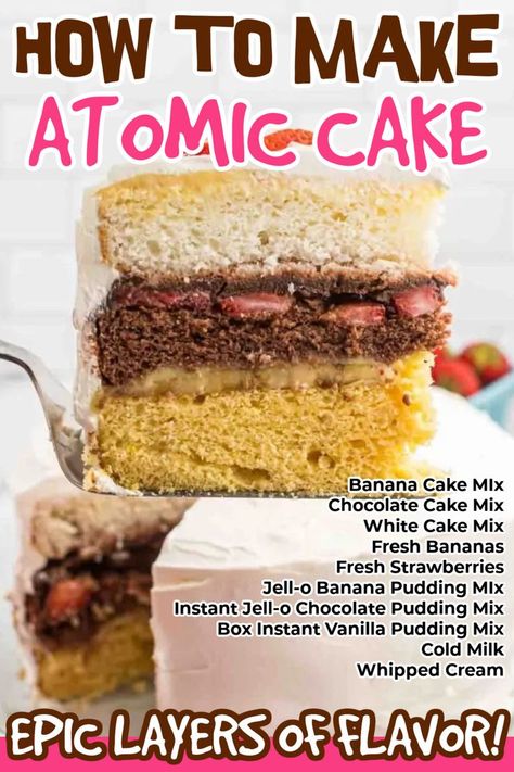 Layers of different cake flavors, delicious pudding and fresh fruit make this Atomic Cake Recipe amazing. Each bite is rich and delicious. If you have never heard of an Homemade Atomic Cake, you are in for a treat. This cake has 3 different layers and lots of tasty flavors. They all combine for a delicious dessert. #dessertsonadime #atomiccake #3layercake Atomic Cake, Different Cake Flavors, Banana Cake Mix, 3 Layer Cakes, Chicago Food, Dessert Tray, Different Cakes, Vanilla Pudding Mix, White Cake Mixes