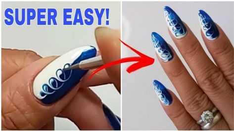 How To Swirl Nails, How To Do Swirls On Nails, Swirl Nail Art Tutorial, How To Do Swirl Nail Art, Swirls On Nails, Blue Swirl Nails, Two Color Nails, Two Tone Nails, Accent Nail Art