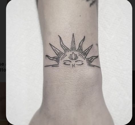 Lotus Flower Sun Tattoo, Sun On Horizon Tattoo, Horizon Sun Tattoo, Woman Sun Tattoo, Sun Patchwork Tattoo, Sun On Wrist Tattoo, Lotus Flower And Sun Tattoo, Upper Arm Sun Tattoo, Sun Lotus Tattoo