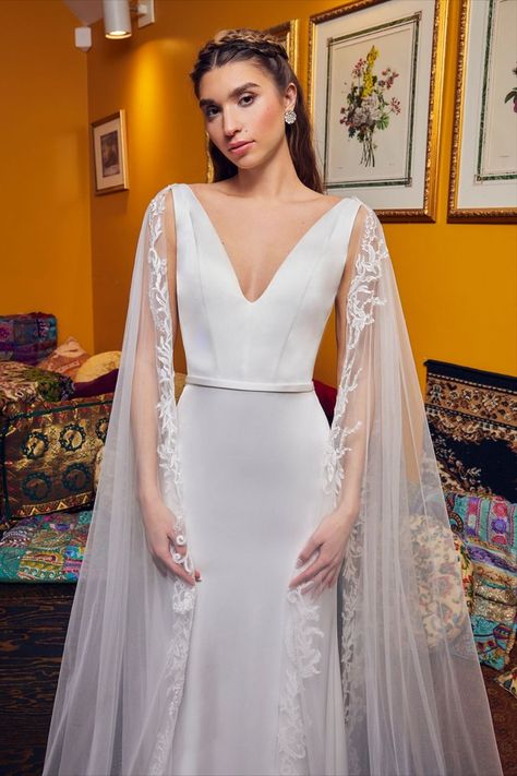 Cape Sleeve Wedding Dress, Wedding Dress With Cape Sleeves, Statement Wedding Dress, Satin Sheath Wedding Dress, Wedding Dress With Cape, Dress With Cape Sleeves, Calla Blanche, Detachable Cape, Dress With Cape