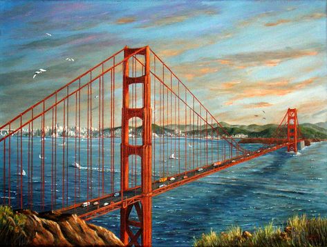 Golden Gate Evening acrylic painting by Judy Boles Polaroid Pictures Photography, Golden Gate Bridge Drawing, Golden Gate Bridge Painting, San Francisco Bridge, Bridge Painting, Oil Painting Techniques, The Golden Gate Bridge, Architecture Drawing Art, Watercolor Painting Techniques