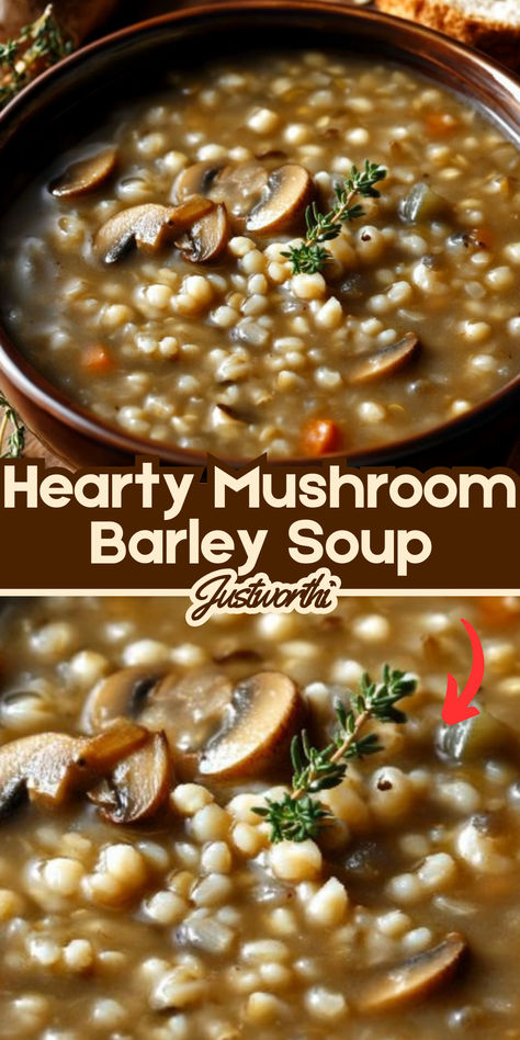 This Hearty Mushroom Barley Soup is the perfect bowl of comfort for chilly days. Packed with earthy mushrooms, tender barley, and a flavorful broth, this wholesome soup is both nourishing and satisfying. The rich, deep flavors develop as it simmers, creating a cozy and hearty dish that’s perfect for lunch or dinner. Whether you’re looking for a healthy meal or a comforting classic, this soup is easy to make and full of goodness. Serve it with crusty bread for the ultimate cozy meal. Mushroom Vegetable Recipes, Mushroom And Barley Soup Recipes, Classic Soup Recipes, Cozy Sunday Dinner, Mushroom Soup Recipes Healthy, Beef Barley Mushroom Soup, Bread Soup Bowls, Mushroom Barley Soup Recipe, Irish Soup