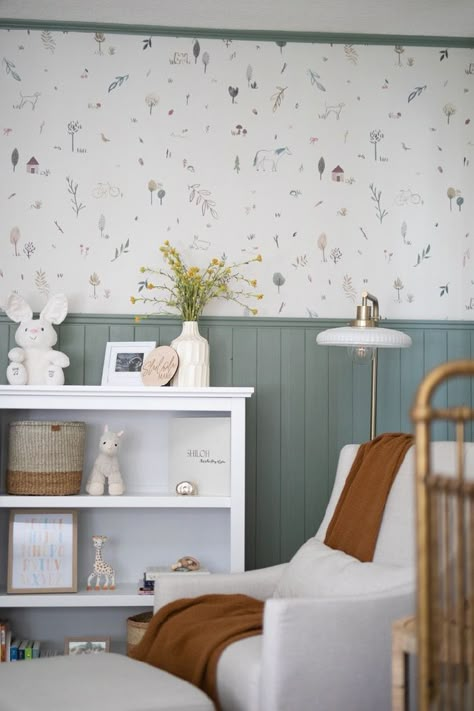 Nursery with green wall paneling and whimsical wallpaper Green Nursery Girl, Traditional Sitting Room, Baby Nursery Inspiration, Nursery Room Design, Baby Room Inspiration, Nursery Room Inspiration, Baby Room Design, Nursery Baby Room, Baby Bedroom