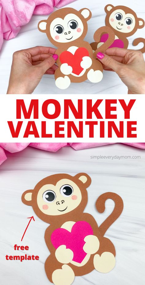 This monkey valentine craft is a fun and easy activity that kids will love to create! Download the free printable template and make it with preschool, prek, and kindergarten children. Monkey Valentine, Valentines Diy Kids, Valentine Template, Monkey Crafts, February Crafts, Easy Valentine Crafts, Valentine Craft, Homeschool Crafts, Valentine's Day Crafts For Kids