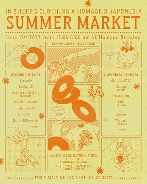 Art Market Poster, Summer Festival Branding, Farmers Market Poster Graphic Design, Farmers Market Flyer, Summer Camp Pamphlet Design, Grid Composition, Analog Design, Summer Block Party, Beach Music Festival Poster