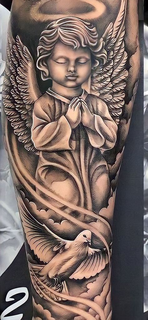 Best Angel Tattoos For Men, Angel Tattoo Men Bicep, Heaven Tattoos For Women, Family Tree Arm Sleeve Tattoo, Let Sleeve Tattoo For Men, Leg Tattoos Angel, Dove Sleeve Tattoo For Men, Angel Half Sleeve Tattoo For Women, Angels Tattoo Men