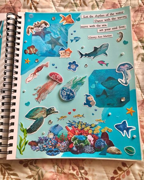 Scrapbook Sea Theme, Scrapbook Ideas Ocean Theme, Ocean Theme Scrapbook, Junk Journal Themes, Aesthetic For Journal, Journaling Inspo Aesthetic, Sea Creatures Drawings, Scrapbook Theme Ideas, Art Portfolio Cover