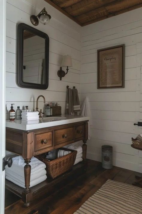 28 Inspiring Farmhouse Bathrooms Mixing Modern And Farmhouse, Modern Farmhouse Bathroom Ideas, Small Farmhouse Bathroom, Farmhouse Bathroom Ideas, Rustic Farmhouse Bathroom, Rustic Wooden Shelves, Farmhouse Bathroom Vanity, Modern Flooring, Cottage Bathroom