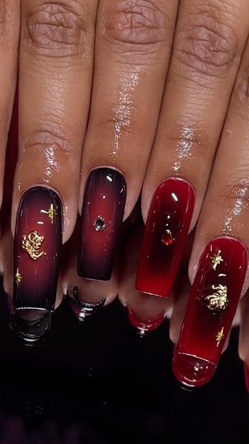 Red Aura Nails Acrylic, Airbrush Halloween Nails, Gold And Red Acrylic Nails, Fall Y2k Nails, Halloween Nails Y2k, Maneater Nails, Square Y2k Nails, Lowrider Nail Designs, Y2k Halloween Nails