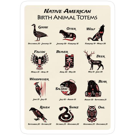 Decorate laptops, Hydro Flasks, cars and more with removable kiss-cut, vinyl decal stickers. Glossy, matte, and transparent options in various sizes. Super durable and water-resistant. Chart of the 12 animal totems of the Native American birth totem animals, with illustrations and the birthdates for each one. Birth Totem Animals, Birth Totem, Birth Animal, Totem Animals, 1st House, The Bigger Picture, Bigger Picture, Totem Pole, Animal Totems