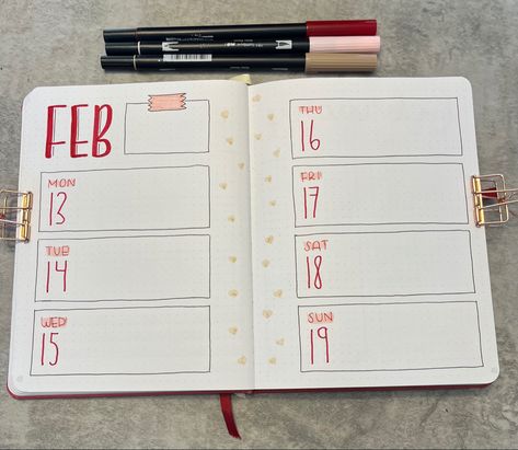 February Weekly Planner, February Weekly Spread Bullet Journal, February Bujo Theme, Planner Ideas February, Pink Bujo, February Weekly Spread, Bujo February, Bullet Journal On Ipad, February Bujo