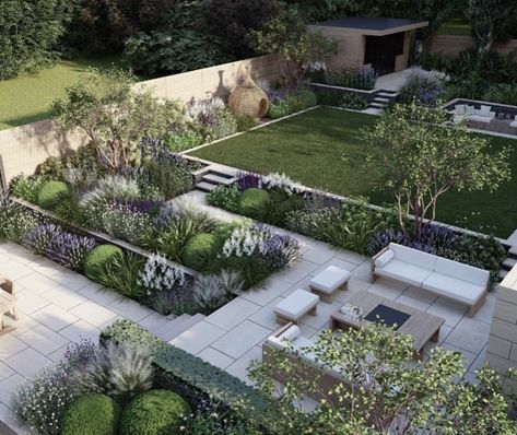 Landscape Tiered Garden, Garden Different Levels, 3 Tiered Garden Ideas, Leveled Landscape Design, Garden On Levels, Polly Wilkinson Garden, Garden Levels Ideas, Sloping Garden Design, Two Tier Patio