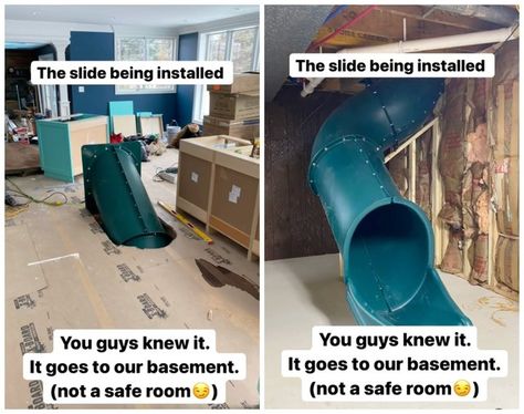 Slides Inside The House, House Slide Indoor, House With Slide Inside, Built In Slide In House, Slide Into Basement, Slide In House To Basement, Slide Inside House, Hidden Slides In Houses, Hidden Kitchen Island