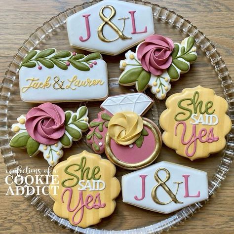 She Said Yes Cookies Decorated, She Said Yes Cookies, Engagement Party Cookies, Floral Cookies, Party Cookies, Winter Cookie, She Said Yes, Cookie Inspiration, Wedding Time