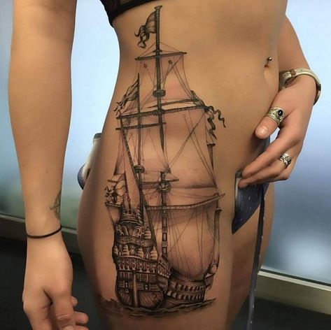 Pirate Lady Tattoo, Pirate Ship Tattoos, Nautical Tattoo Sleeve, Pirate Ship Tattoo, Cute Thigh Tattoos, Pirate Tattoo, Beautiful Tattoos For Women, Nautical Tattoo, Ship Tattoo