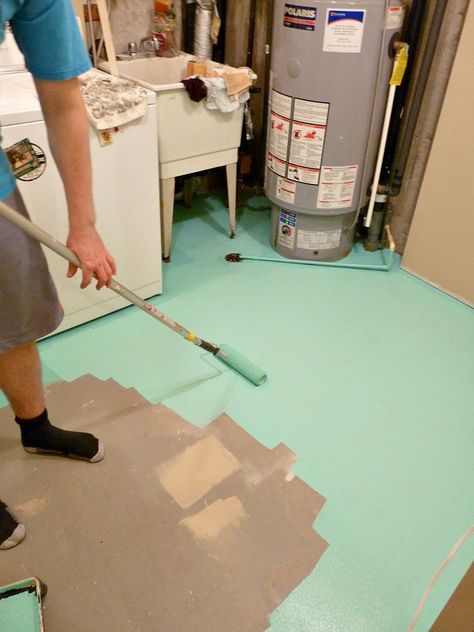 Basement Update: How to Paint a Concrete Laundry Room Floor Turquoise Trofast Ikea, Basement Organization, Painted Concrete Floors, Basement Laundry Room, Laundry Room Flooring, Basement Laundry, Basement Storage, Basement Makeover, Basement Flooring