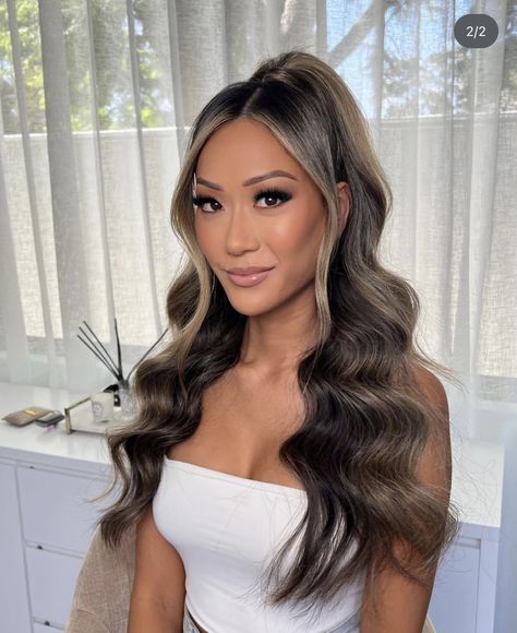 Prom Hairstyles Down Side Part, Mermaid Waves Half Up Half Down, Bridal Shower Bride Hairstyles, Glam Half Up Half Down Wedding Hair, Mermaid Waves Ponytail, Half Up Half Down Long Hair Wedding, Formal Crimped Hairstyles, Half Up Half Down Bridal Hair Face Framing, Cool Wedding Hair