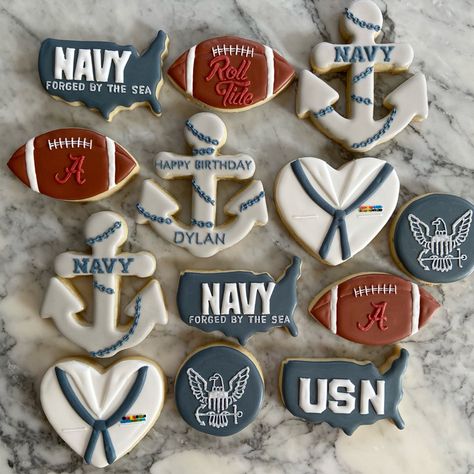 Navy Cookies, Fondant Creations, Navy Party, Charcuterie Platter, Navy Seal, Graduation Decorations, Chocolate Treats, Cookie Decorating, Cookie Recipes