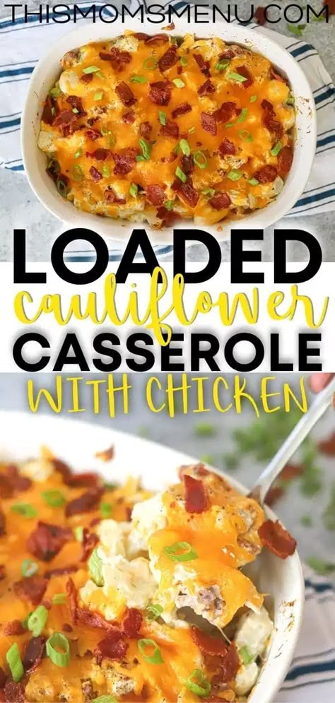 Easy Casserole Dinner, Dinner Cauliflower, Loaded Cauliflower Bake, Cauliflower Casserole Recipes, Loaded Cauliflower Casserole, Loaded Cauliflower, Chicken Cauliflower, Loaded Baked Potato, Rice Recipes For Dinner