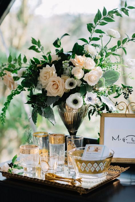 An organic, natural floral arrangement featuring anemones, roses and greenery in blush, white and cream tones makes a beautiful statement piece at this wedding reception from a winter wedding at JM cellars with a black and white theme. This wedding is filled with inspiration for a Pacific Northwest winery wedding and a Pacific Northwest winter wedding! Flowers: Botanique Photo: Jenn Tai Photo Artistry Black And White Centerpieces, Jm Cellars, Gold Wedding Flowers, White Floral Arrangements, White Winter Wedding, Large Floral Arrangements, Elegant Winter Wedding, Blush Wedding Flowers, Winter Wedding Flowers