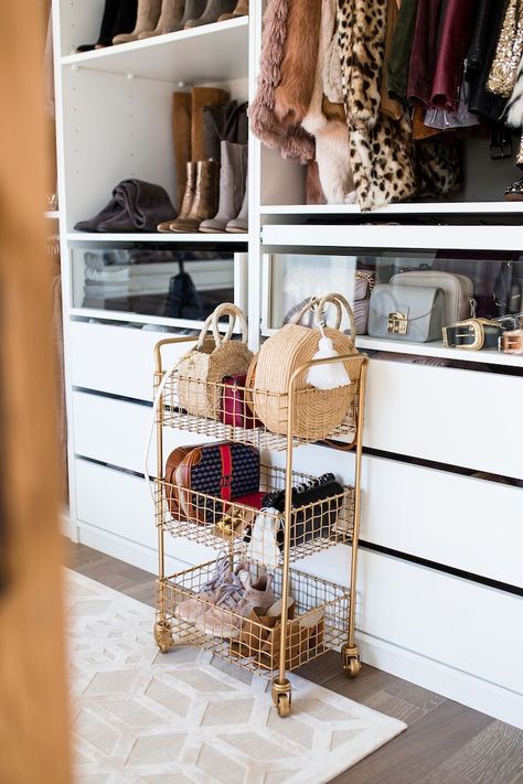 5 Tips For Organizing Your Home with World Market by Louisiana blogger, Jenn of Haute Off The Rack, gold bar cart, gold office accessories, rattan chair #homedecoraccessories Gold Office Accessories, Store Purses, Tips For Organizing, Gold Bar Cart, Gold Office, Purse Storage, Closet Decor, Dream Closets, Organizing Tips