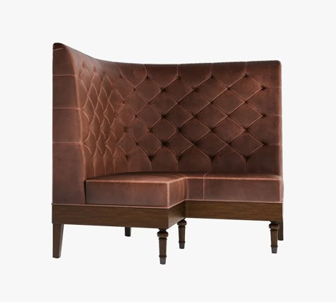 Hayworth High Back Leather Corner Banquette, Walnut Legs, Statesville Indigo | Pottery Barn Bar Booth Seating, Booth Seating Restaurant, Seating Booth, Modular Banquette, Bar Booth, Seating Restaurant, Curved Banquette, Restaurant Booth Seating, Leather Banquette