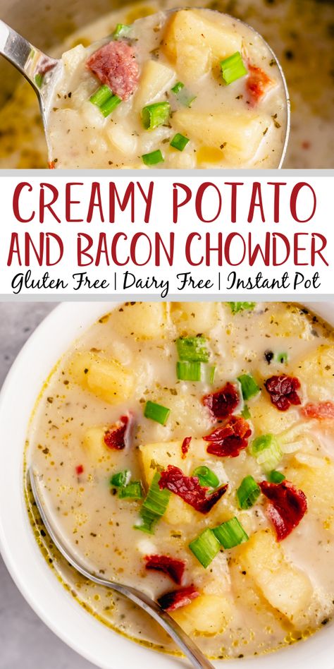 Aip Potato Soup, Gluten Free Potato Soup Instant Pot, Potato Bacon Soup Dairy Free, Potato Soup Dairy Free Gluten Free, Dairy Free Soup Instant Pot, Healthy Potato Bacon Soup, Potato Soup Paleo, Gf Df Potato Soup, Dairy Free Potato Soup Recipes