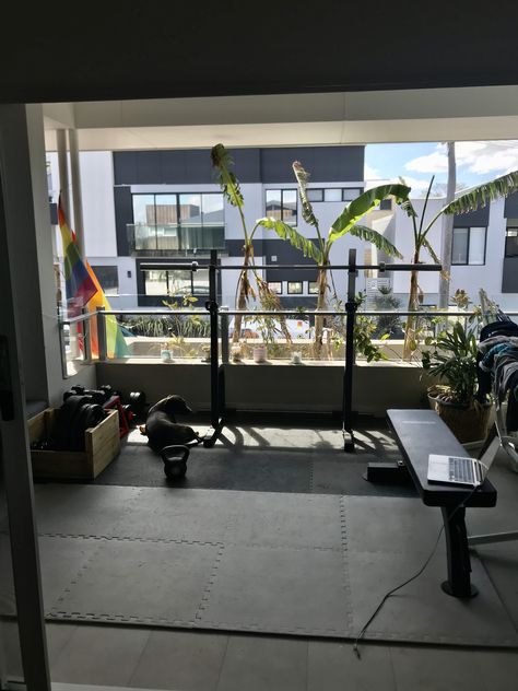 My balcony gym does the job! Home Gym Rooftop, Outdoor Patio Gym Ideas, Balcony Gym Ideas, Patio Gym Ideas, Gym At Home Ideas, Patio Gym, Balcony Gym, Master Patio, Bi Fold Doors