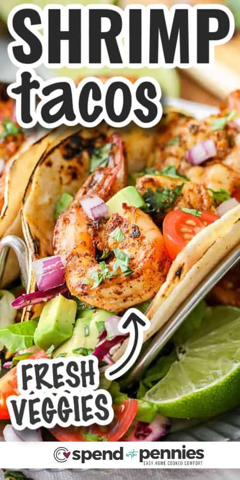 These shrimp tacos are the perfect weeknight meal. With simple ingredients and only a couple of minutes, these tacos are ready to enjoy. Take a trip south of the border with this super easy take on a southwest favorite! #shrimptacos #tacos #shrimp #spendwithpennies Barrio Tacos, Best Shrimp Taco Recipe, Tacos Shrimp, Grilled Shrimp Tacos, Shrimp Tacos Easy, Healthy Taco Recipes, Spicy Shrimp Tacos, Shrimp Taco Recipes, Recipes Seafood