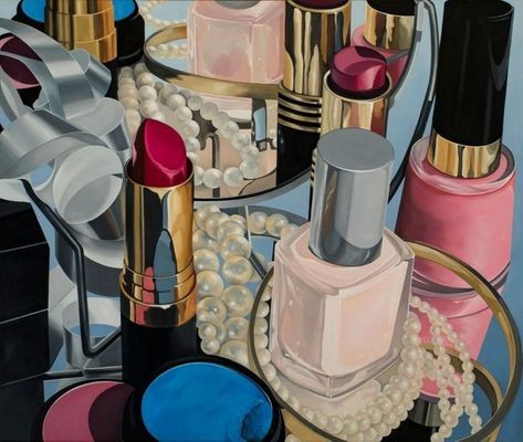 Makeup Still Life Painting, Stil Life Painting, Makeup Still Life, Still Life Makeup, Still Life Painting Acrylic, Vanity Painting, Abstract Still Life Painting, Painting Objects, Object Painting