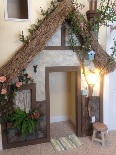 Tree In Playroom, Fairy Cottage Playhouse, Fairy Themed Playroom, Fairy Garden Playroom, Fairytale House Decor, Enchanted Forest Playroom, Fairytale Playroom, Playhouse Backyard, Lavender Girls Room