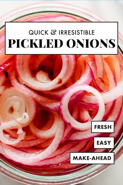 Learn how to make tangy, crisp, IRRESISTIBLE quick-pickled onions! Pickled onions are perfect for tacos, nachos, burgers and more. This recipe is ready in 30 minutes! #cookieandkate #pickledonions #Mexicanrecipe #pickledonionrecipe #vegetarian Quick Pickled Radishes, Quick Pickled Vegetables, Cookie And Kate, Pickled Onion, Quick Pickled Onions, Quick Pickled, Cooking Bacon, Kitchen Smells, Pickled Veggies