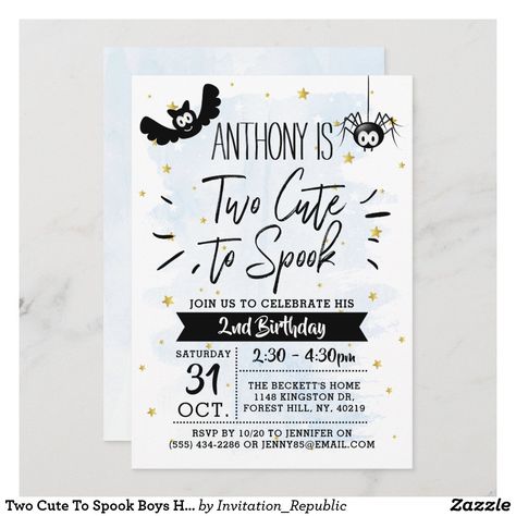 Two Cute To Spook Boys Halloween 2nd Birthday Invitation 2nd Birthday Halloween Theme, Stars Watercolor, Watercolor Typography, Halloween Birthday Invitations, Birthday Gold, Spider Halloween, 2nd Birthday Party Themes, 2nd Birthday Invitations, Girl 2nd Birthday