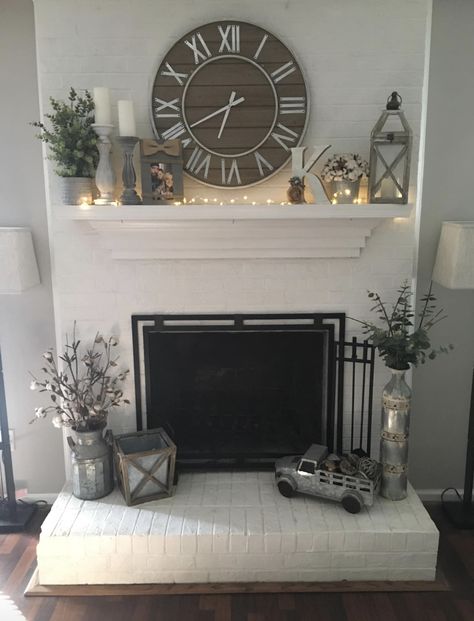 Black And White Farmhouse Fireplace, Chimney Decoration Ideas, French Country Mantle Decor Living Room, How To Decorate Chimney Living Rooms, Chimini Decor Ideas, Living Room Decor Mantle, All White Living Room With Pop Of Color, Mantle Decor With Family Photos, Living Room With Chimney Decor