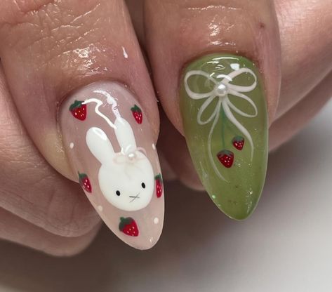 Matcha Nail Art, Strawberry Matcha Nails, Matcha Nail, Matcha Nails, Miffy Nails, Dainty Nails, Fairy Nails, Seashell Nails, Japan Nail