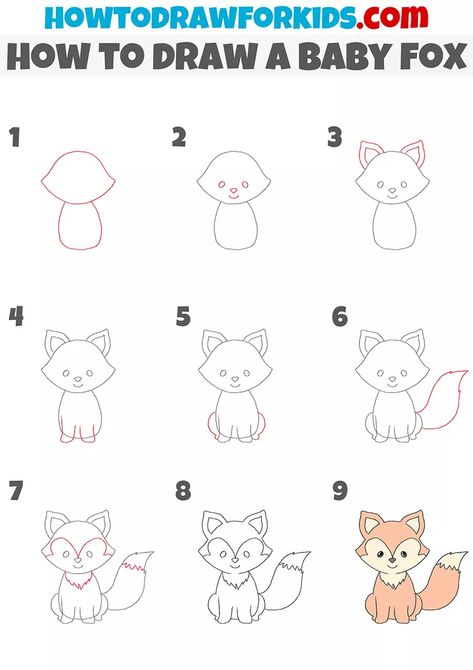 How to Draw a Baby Fox - Easy Drawing Tutorial For Kids How To Draw A Cute Fox Easy, Fall Animal Drawing Easy, Fox Step By Step Drawing, Cute Easy Fox Drawings, Easy Cute Dog Drawings, Wild Animals Drawing Easy, How To Draw A Fox Easy Step By Step, Forest Animal Drawings Easy, Fox Drawing Easy Step By Step