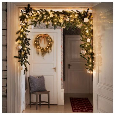 Garland In Doorways, Garland Doorway, Doorway Garland, English Cottage Christmas, Garland Window, French Doors Inside, Christmas Decs, Cottage Christmas, English Cottage