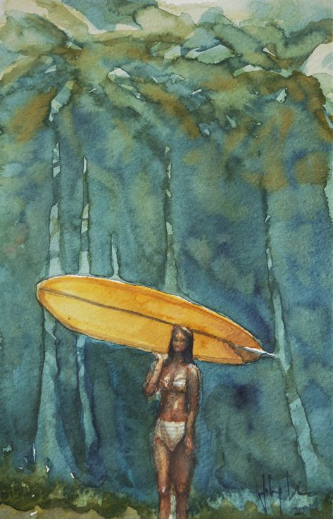 Surf Watercolor, Giant Painting, Surfer Painting, Surf Drawing, Surf Artwork, Surfer Art, Surf Painting, Jungle Art, Indie Art