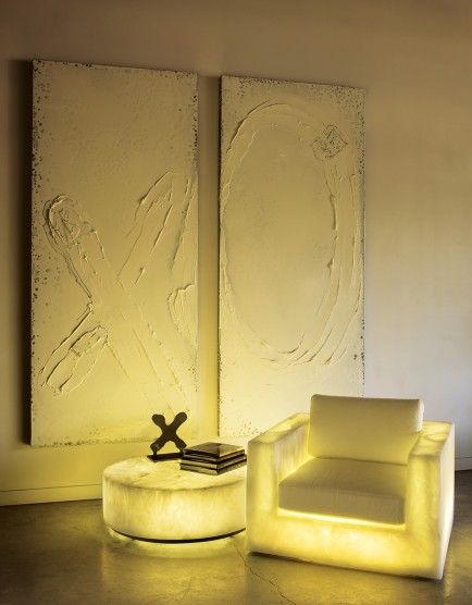 NUVO Magazine: The Sculptural Approach Of Martha Sturdy, Illuminated Preston Club Chair and Floating Round Table with two Resin on Steel Wall Sculptures. www.sturdyliving.com Unusual Chairs, Martha Sturdy, Sculptural Furniture Soft Chairs, Large Scale Sculpture Art Installations, Wearable Sculpture, Floating Table, Design Sculpture, Steel Furniture, Club Chair