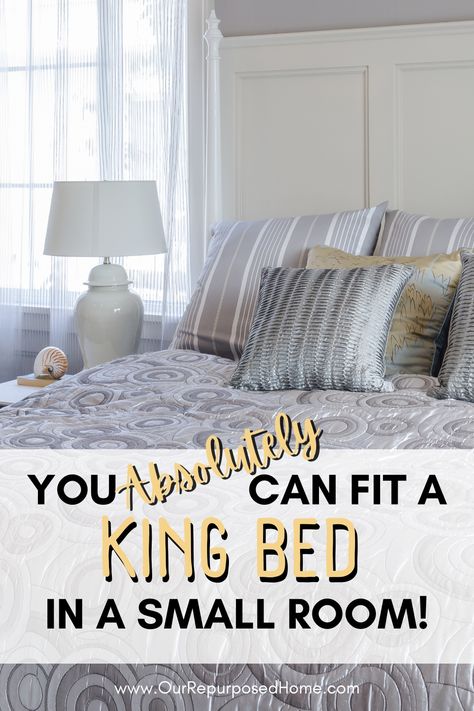 king size bed in a small bedroom.  How to make the most of your space. King Size Room Ideas, Cozy Bedroom King Size Bed, Small Master King Bed Bedroom Ideas, Full Size Bed Styling, Tiny Bedroom Big Bed, King Size Bed In Small Bedroom Layout, Stylish Small Bedroom Ideas, Dressing King Size Bed, Bedroom Ideas For Small Rooms With King Size Bed