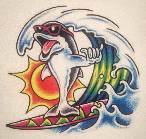 Cherry Creek Tattoo Flash, 90s Tattoo Flash, Surf Cartoon, Surfing Tattoo, 90s Tattoos, 13 Tattoo, Pig Tattoo, Surf Tattoo, Traditional Tattoo Flash Art