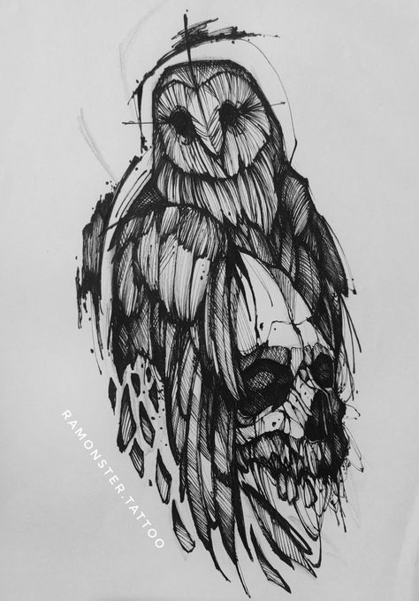 Rough Sketch Tattoo Design, Spooky Owl Drawing, Owl And Crow Tattoo, Gothic Owl Tattoo, Owl Sketch Tattoo, Dark Owl Tattoo, Blackwork Tattoo Sketch, Owl And Skull Tattoo, Owl Illustration Art