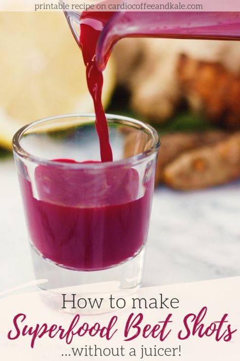 Love beets and all their health benefits?  Don't have a juicer?  Try this awesome recipe to make your own beet juice shots at home.  It's packed with ton of other antioxidant rich ingredients too.  Try our How to Make a Superfood Beet Juice Shot Without a Juicer!  #healthy #healthyliving #healthfood #cleaneating #vegan #paleo Beet Shots, Juice Shot, Beet Juice Recipe, Juice Shots, Detox Juice Recipes, Wellness Shots, Juicing Benefits, Beet Juice, Healthy Juice Recipes