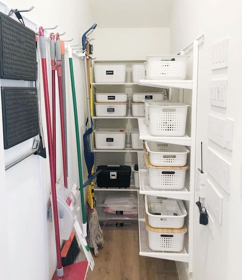 20 Mop and Broom Storage Ideas You'll Want to Try Broom Storage Ideas, Mop And Broom Storage Ideas, Mop And Broom Storage, Swiffer Pads, Broom Storage, Broom Closet, Cleaning Supplies Organization, Mops And Brooms, Lawn Tools