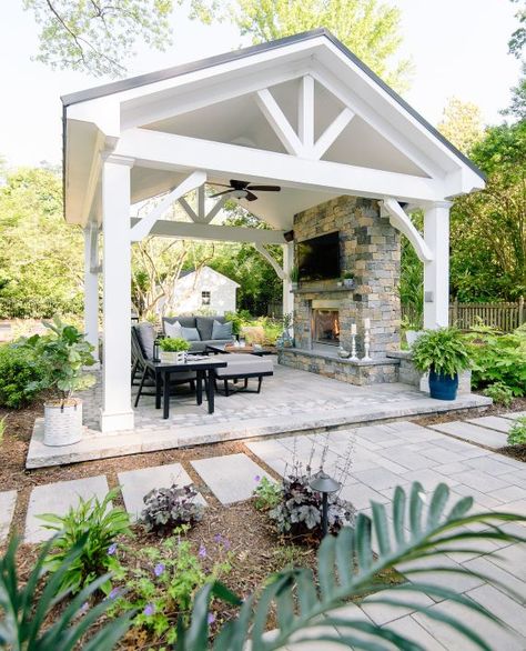 Patio Gas Fireplace, Gas Fireplace Outdoor, Stepping Stone Walkway, Timber Frame Pavilion, Fireplace Outdoor, Kitchen Design Layout, Outdoor Structure, Outdoor Fireplace Patio, Outdoor Pavilion