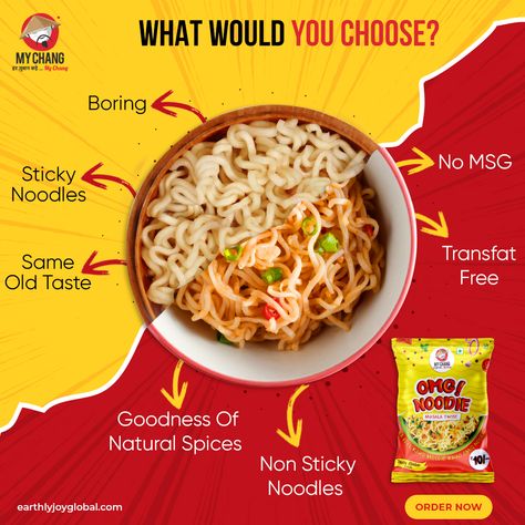 Cut those boring and sticky noodles from your menu and indulge in the goodness of natural spices, nonsticky noodles 🍜 . Order Now! 🌐 Website: earthlyjoyglobal.com/shop/ 🛒 Also available on Amazon & Flipkart #InstantNoodles #OMGNoodie #noodles #masalas #MasalaNoodles #HealthyNoodles #food #foodie #noodlelover #noodleslove Noodles Creative Ads, Sticky Noodles, Noodles Poster, Indian Noodles, Veg Noodles, Pasta Poster, Maggi Noodles, Noodles Ideas, Noodles And Company