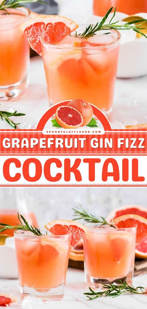 Grapefruit Gin Fizz Cocktail, holiday cocktail recipes, alcoholic drinks Gin And Grapefruit, Easy Fruit Cocktails, Light Summer Drinks, Recipes With Fruit Cocktail, Gin Drink Recipes, Grapefruit Drink, Cocktails Made With Gin, Gin Fizz Cocktail, Fizz Cocktail