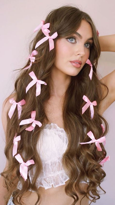 Coquette Aesthetic Hair: The Bow Hairstyle That's Taking Over TikTok in 2024 Out There Hairstyles, Pink Bows In Hair, Little Bows In Hair, Mini Bows In Hair, Tiny Bows In Hair, Coquette Hairstyles Long Hair, Rosette Hairstyle, Coquette Editorial, Hair Styles With Bow