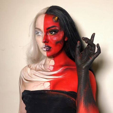 Half Angel Half Demon Makeup, Half Makeup Face Halloween, Red Skin Character, Demon Makeup Female, Demon Halloween Costume, Succubus Makeup, Demon Makeup, Demon Costume, When Witches Go Riding