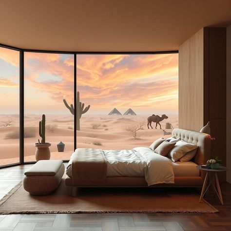 Design a surreal bedroom with sweeping views of a shimmering desert mirage. Experience nature's optical illusions from your bed. #MirageView #DesertRetreat 🏜️ Surreal Bedroom, Oasis Bedroom, Surreal Desert, Desert Mirage, Optical Illusions, Surrealism, Oasis, House Design, Bedroom